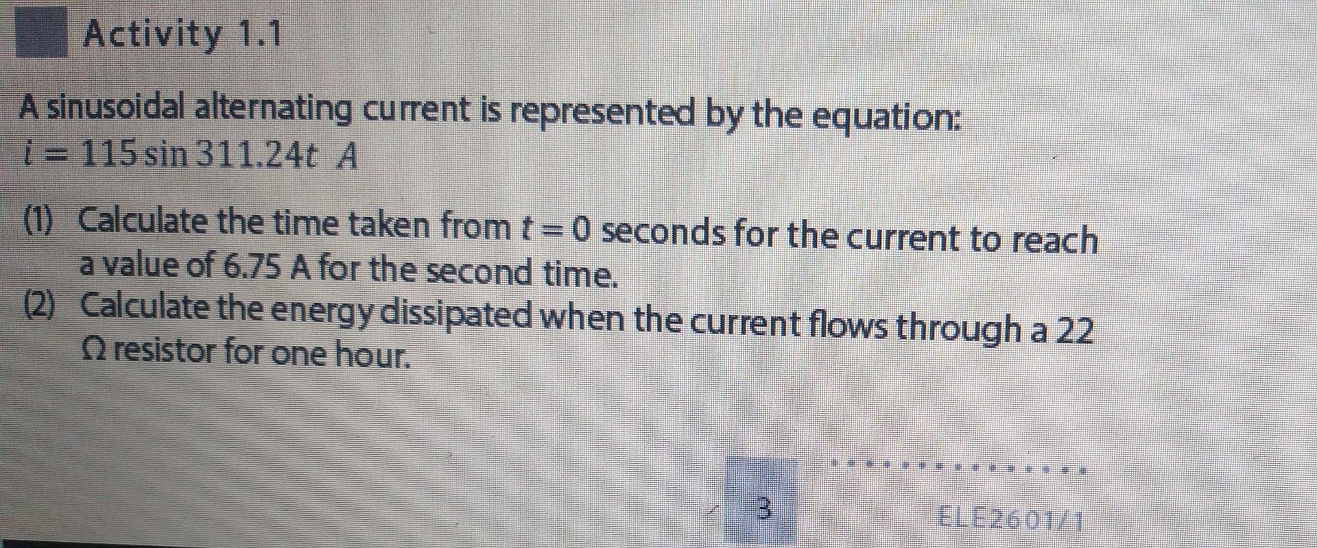 Solved A sinusoidal alternating current is represented by | Chegg.com