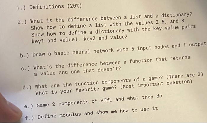 Solved 1.) Definitions (20%) a.) What is the difference | Chegg.com