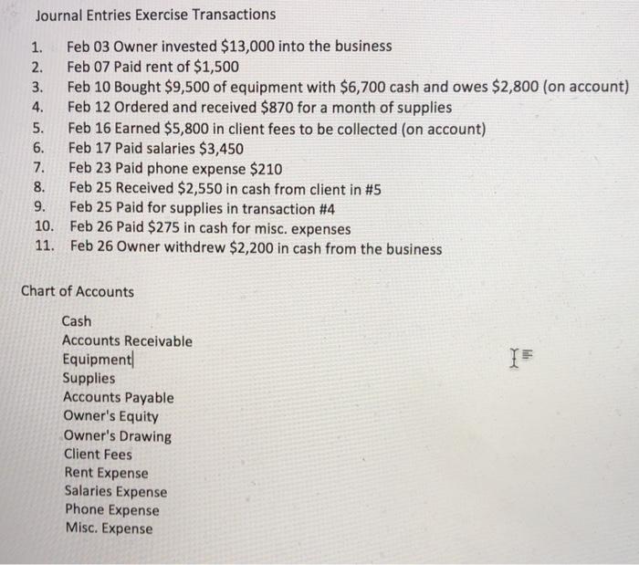 Solved Journal Entries Exercise Transactions 1. Feb 03 Owner