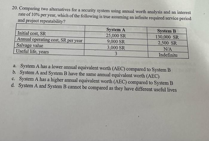 Solved 20. Comparing two alternatives for a security system | Chegg.com