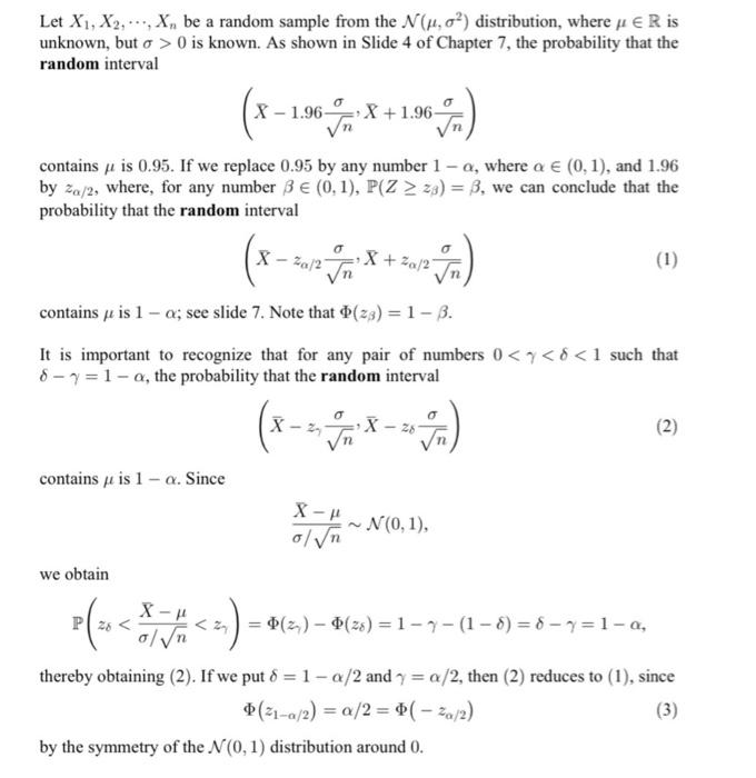 Solved Let X1,X2,⋯,Xn be a random sample from the N(μ,σ2) | Chegg.com