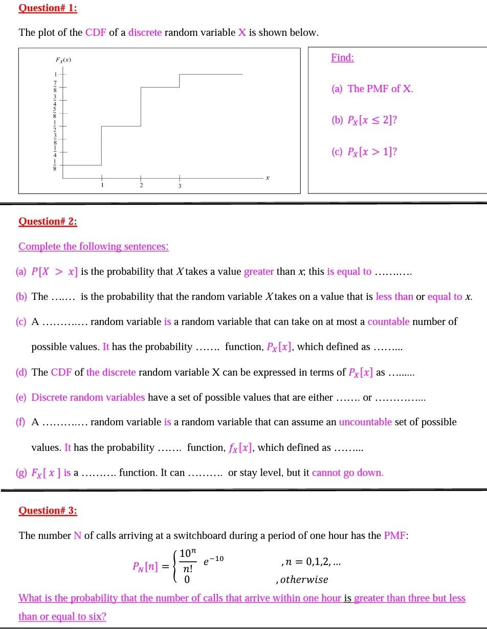 Solved Question# 1: The plot of the CDF of a discrete random | Chegg.com