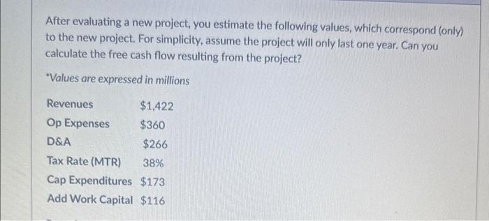 Solved After Evaluating A New Project, You Estimate The | Chegg.com