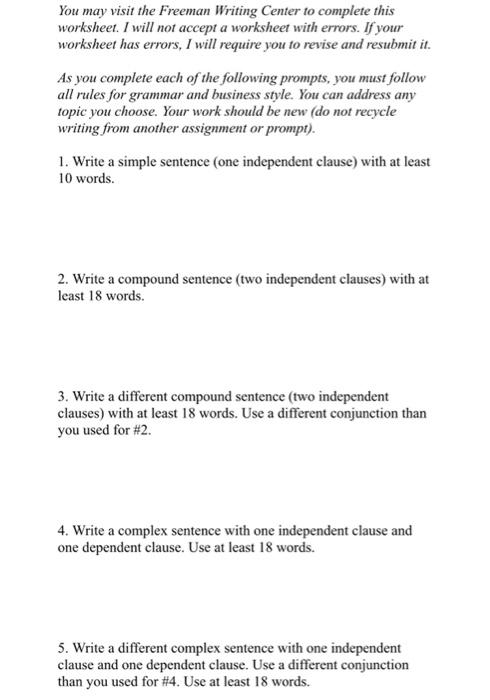 Solved You may visit the Freeman Writing Center to complete | Chegg.com