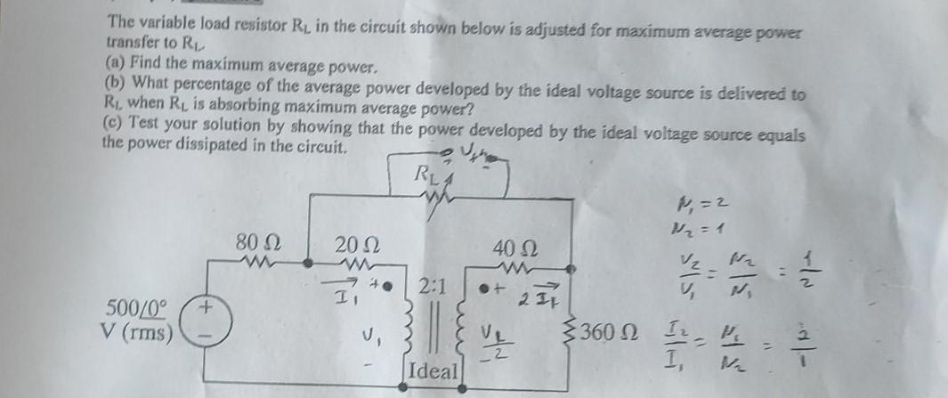 Solved The Variable Load Resistor RL In The Circuit Shown | Chegg.com