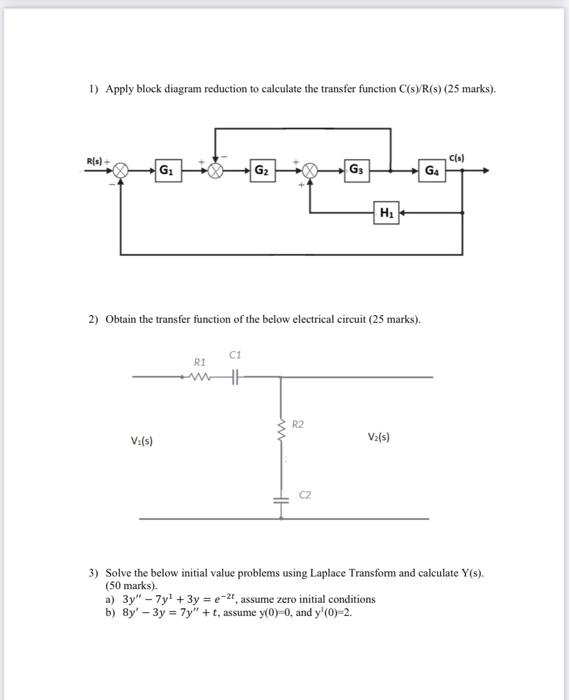Solved 1) Apply block diagram reduction to calculate the | Chegg.com