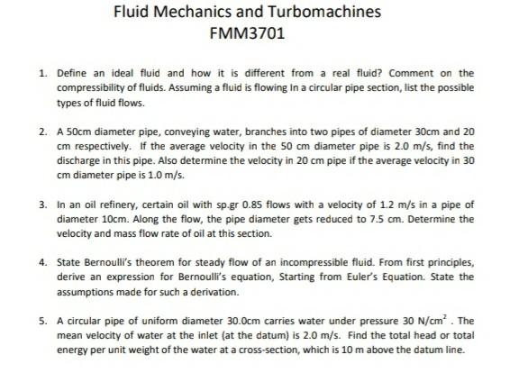 Solved Fluid Mechanics and Turbomachines FMM3701 1. Define | Chegg.com