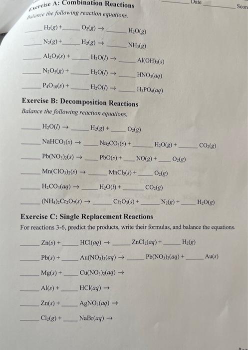 Solved , crcise A: Combination Reactions Scor Balance the | Chegg.com