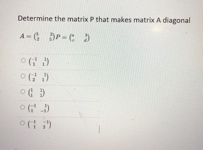 Solved Determine the matrix P that makes matrix A diagonal A | Chegg.com