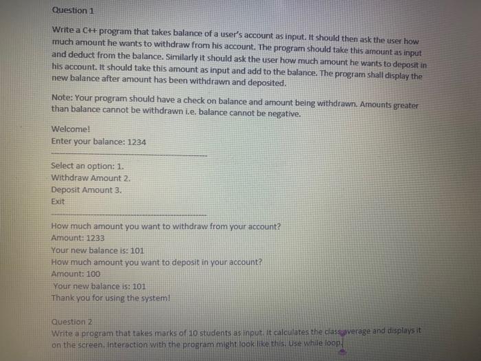 Solved Write a C+ program that takes balance of a user's | Chegg.com