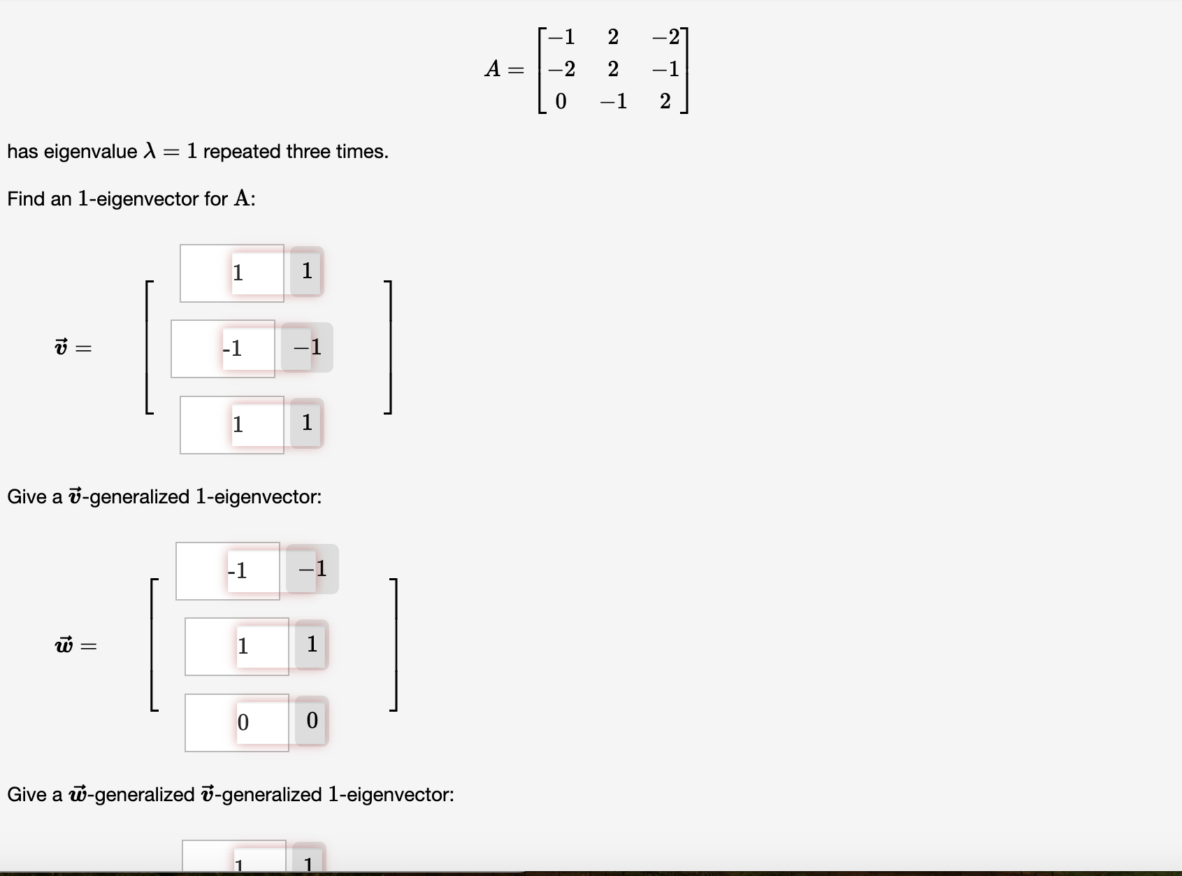 Solved A=[-12-2-22-10-12]has eigenvalue λ=1 ﻿repeated three | Chegg.com