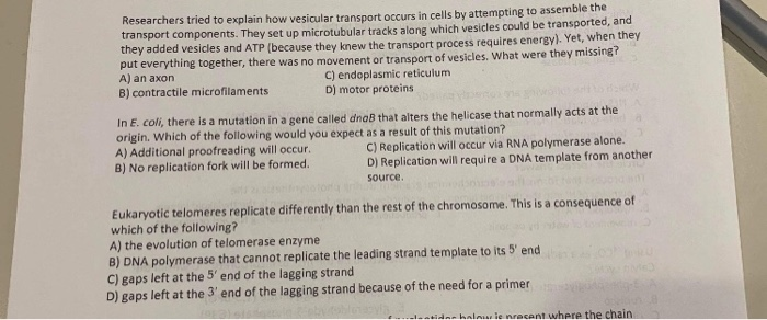 Solved Researchers tried to explain how vesicular transport | Chegg.com