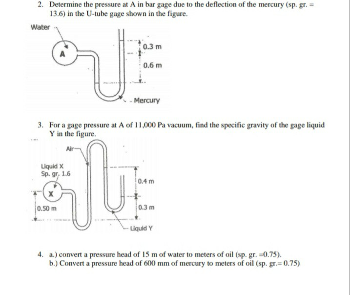 Solved 2. Determine the pressure at A in bar gage due to the | Chegg.com