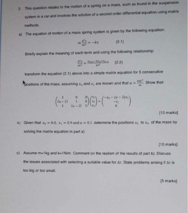 Solved 2. This question relates to the motion of a spring on | Chegg.com