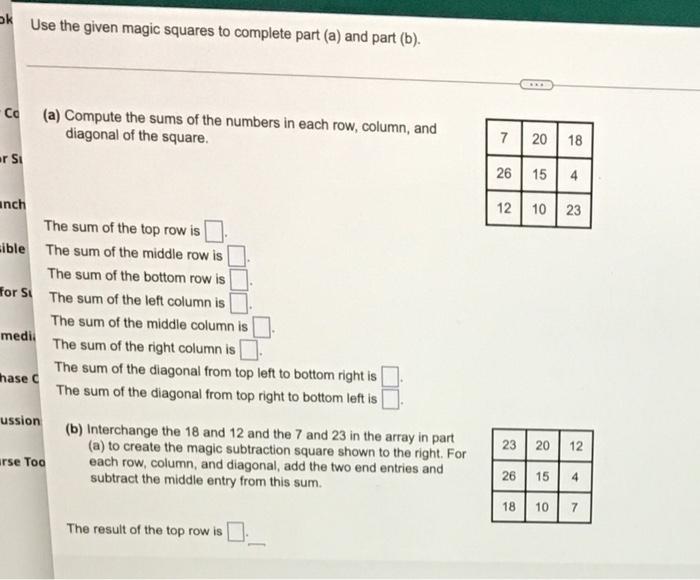 Solved - Use the given magic squares to complete part (a) | Chegg.com