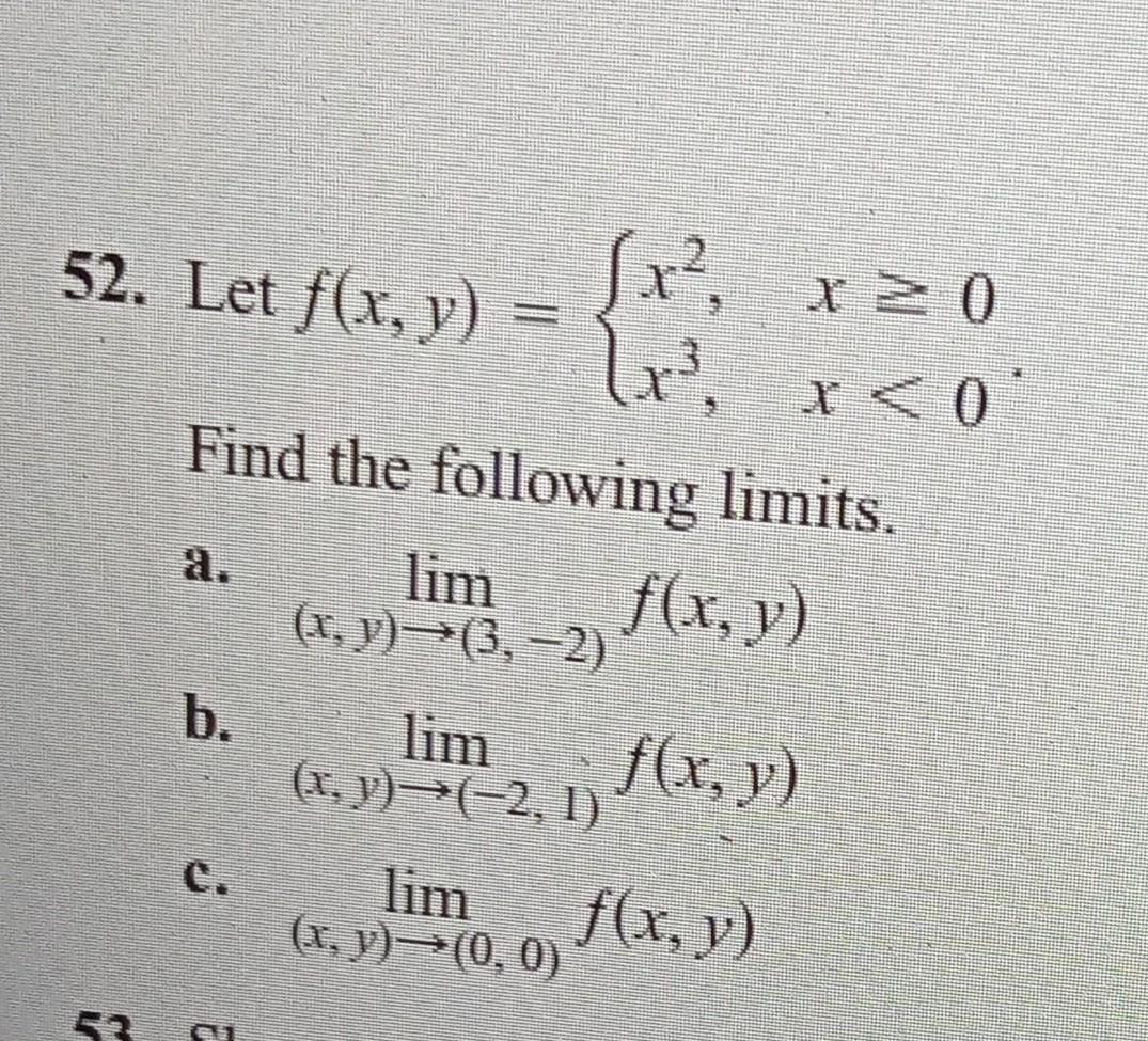 Let \( f(x, y)=\left\{\begin{array}{ll}x^{2}, & x \geq 0 \\ x^{3}, & x<0\end{array}\right. \) Find the following limits. a. \