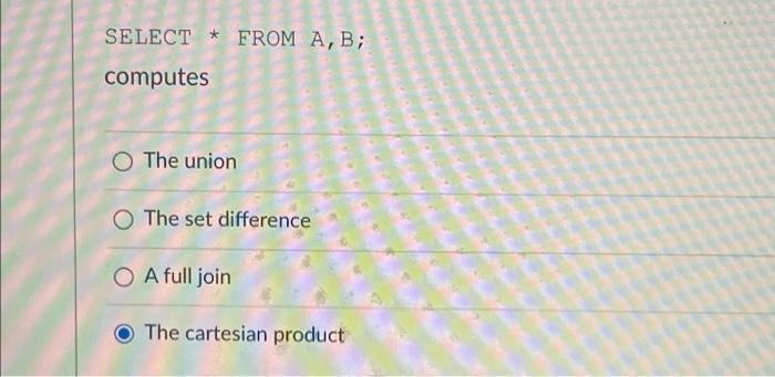Solved SELECT * FROM A,B; Computes The Union The Set | Chegg.com