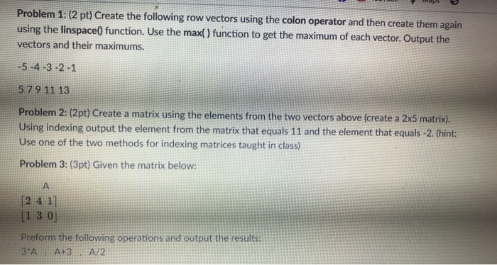 Solved Problem 1 2 pt Create the following row vectors Chegg