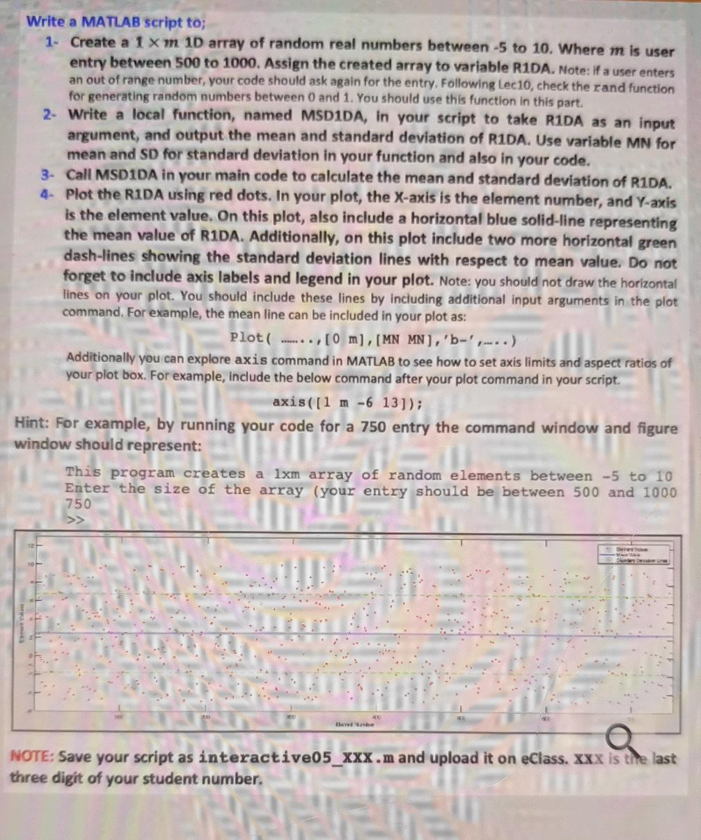 Solved Write a MATLAB script to; 1. Create a 1 xm 1D array | Chegg.com