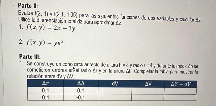 Parte II: Evalúe \( \mathrm{f}(2,1) \) y \( \mathrm{f}(2.1,1.05) \) para las siguientes funciones de dos variables y calcular