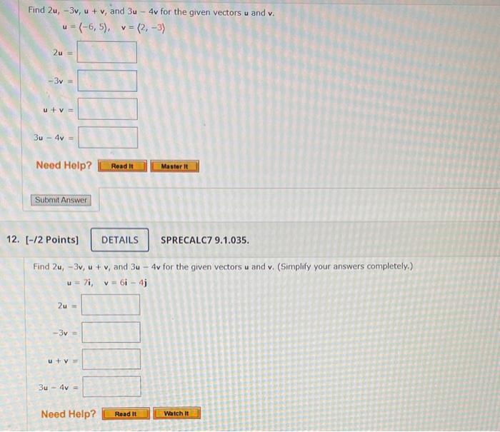 Solved Find 2u−3vuv And 3u−4v For The Given Vectors U 8555