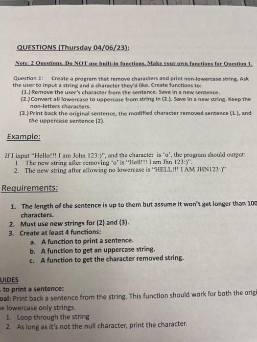 Solved Question 1: Create a program that remove characters | Chegg.com