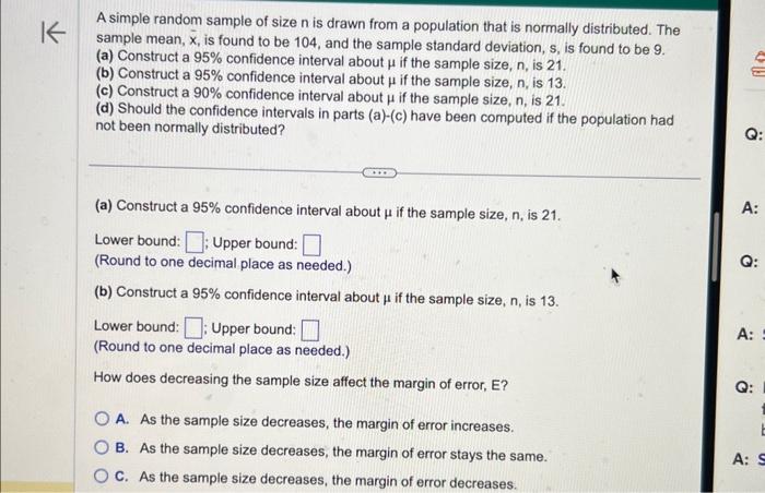 Solved A simple random sample of size n is drawn from a | Chegg.com