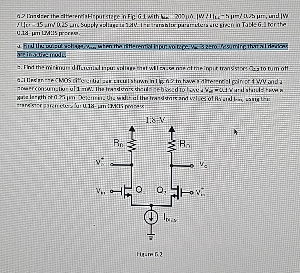 Solved 6.2 Consider the differential-input stage in Fig. 6.1 | Chegg.com