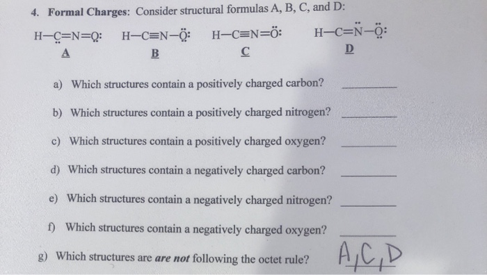 Solved 4 Formal Charges Consider Structural Formulas A Chegg Com