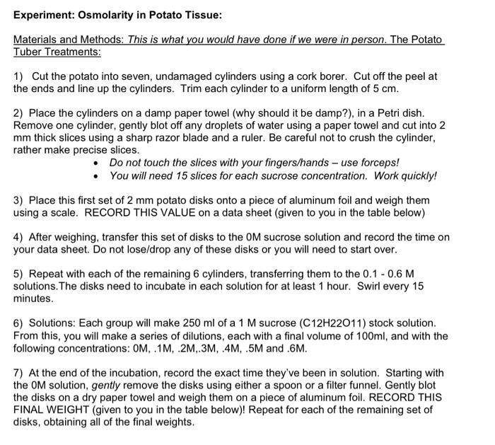 Solved Experiment Osmolarity in Potato Tissue Materials