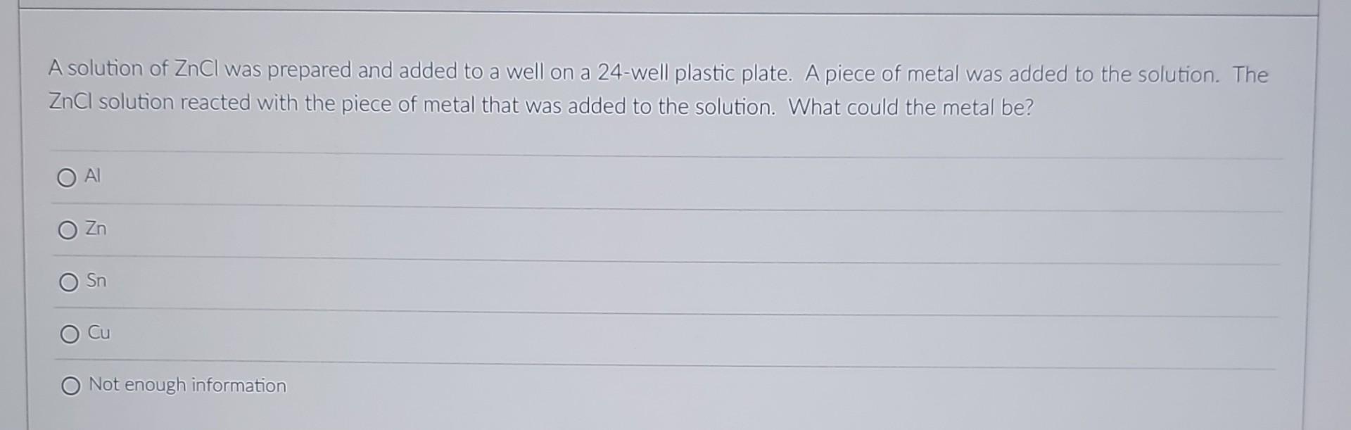 Solved A solution of ZnCl was prepared and added to a well | Chegg.com