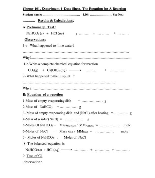 experiment 1 data sheet