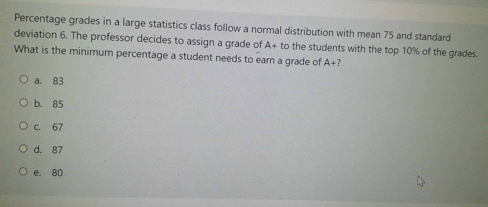 Solved Percentage grades in a large statistics class follow | Chegg.com