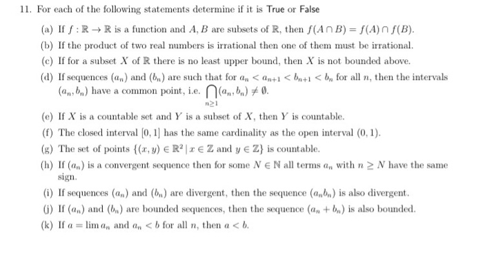 Solved 11. For each of the following statements determine if | Chegg.com