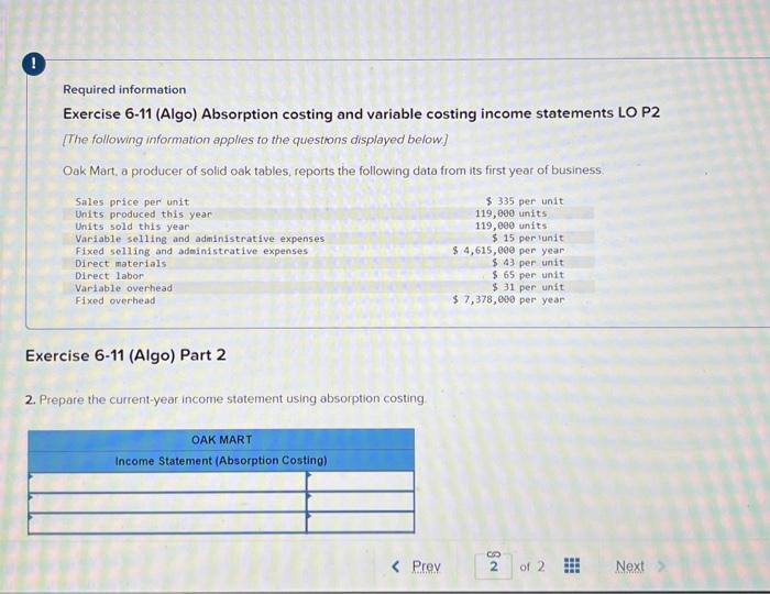 Solved Required Information Exercise 6-11 (Algo) Absorption | Chegg.com