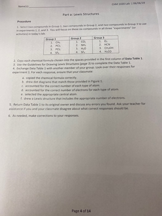 Solved CHM 1020 Lab 06/06/19 Name(s): Part A: Lewis | Chegg.com