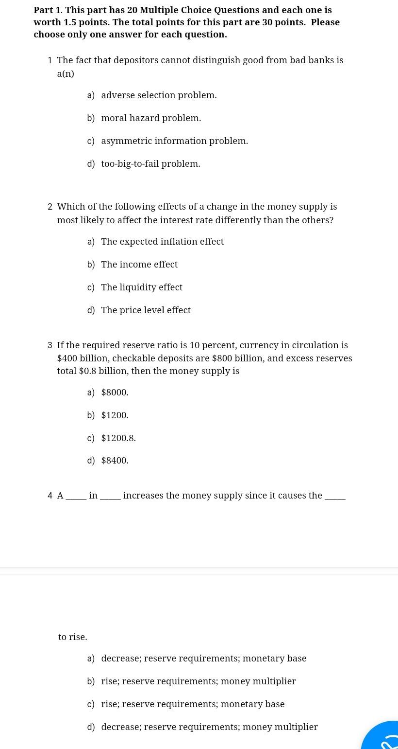 Solved Part 1. This part has 20 Multiple Choice Questions | Chegg.com