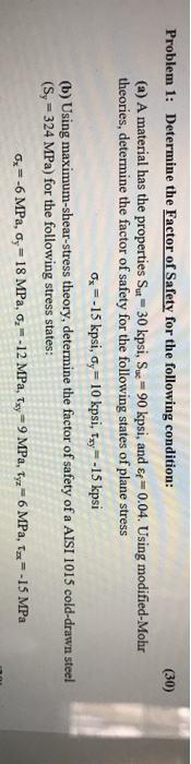 Solved Problem 1: Determine the Factor of Safety for the | Chegg.com