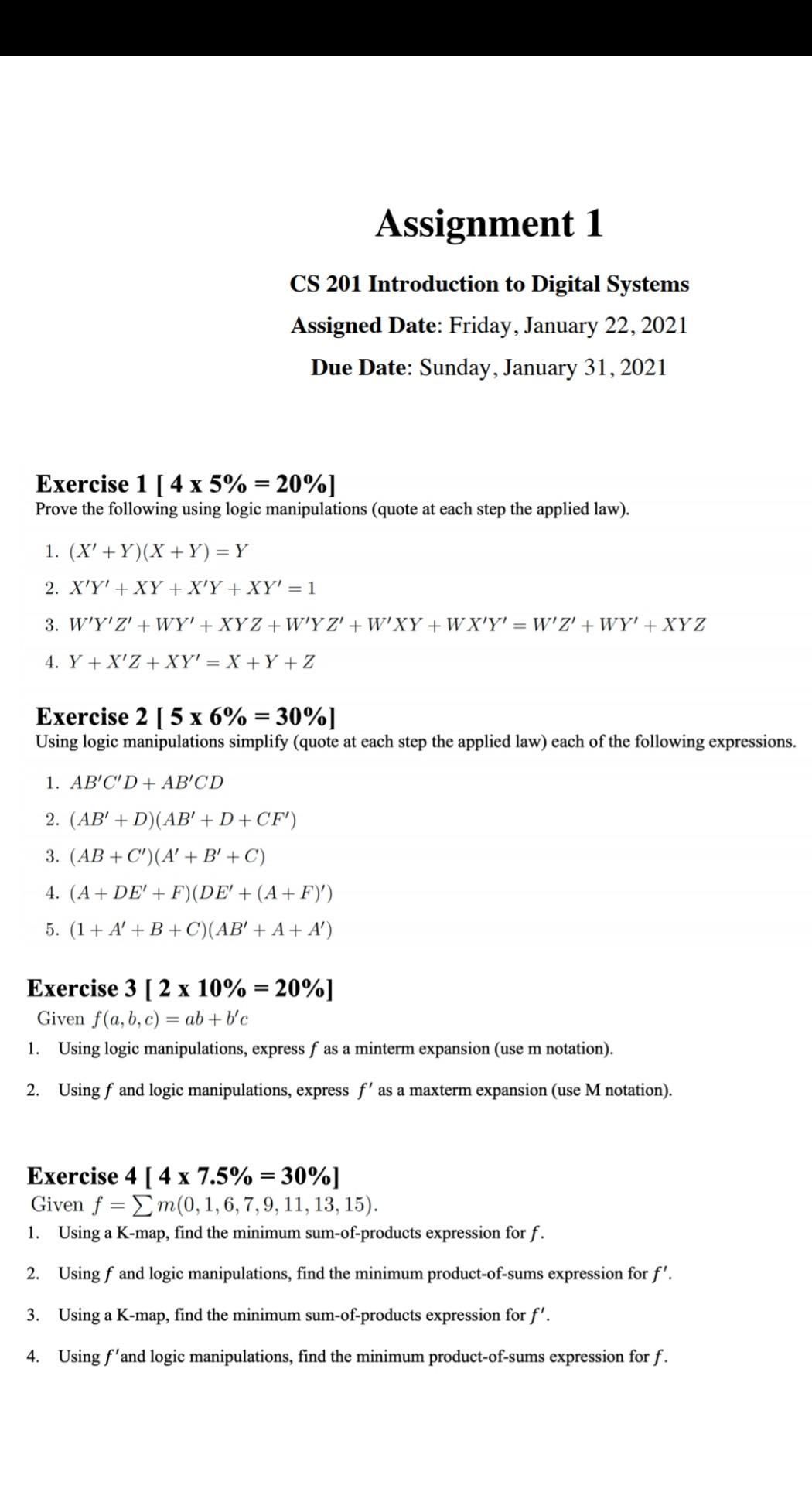 Solved Assignment 1 CS 201 Introduction to Digital Systems