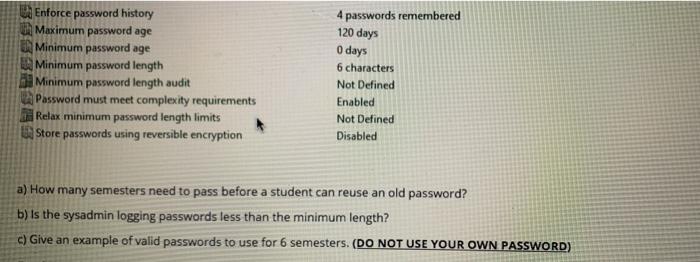 Solved 4 passwords remembered 120 days Enforce password | Chegg.com