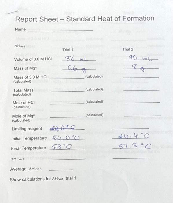 Report Sheet - Standard Heat of Formation Name AHxn1 | Chegg.com