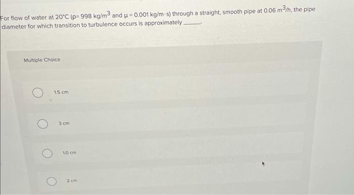 Solved or flow of water at 20∘C(ρ=998 kg/m3 and μ=0.001 | Chegg.com