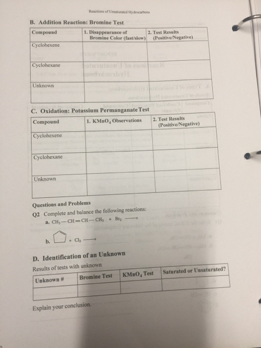 Solved B. Addition Reaction Bromine Test Compound 1.
