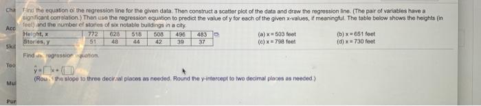 Solved cha Find the equation of the regression line for the | Chegg.com