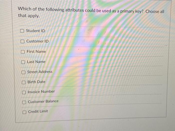 Solved Which of the following attributes could be used as a | Chegg.com
