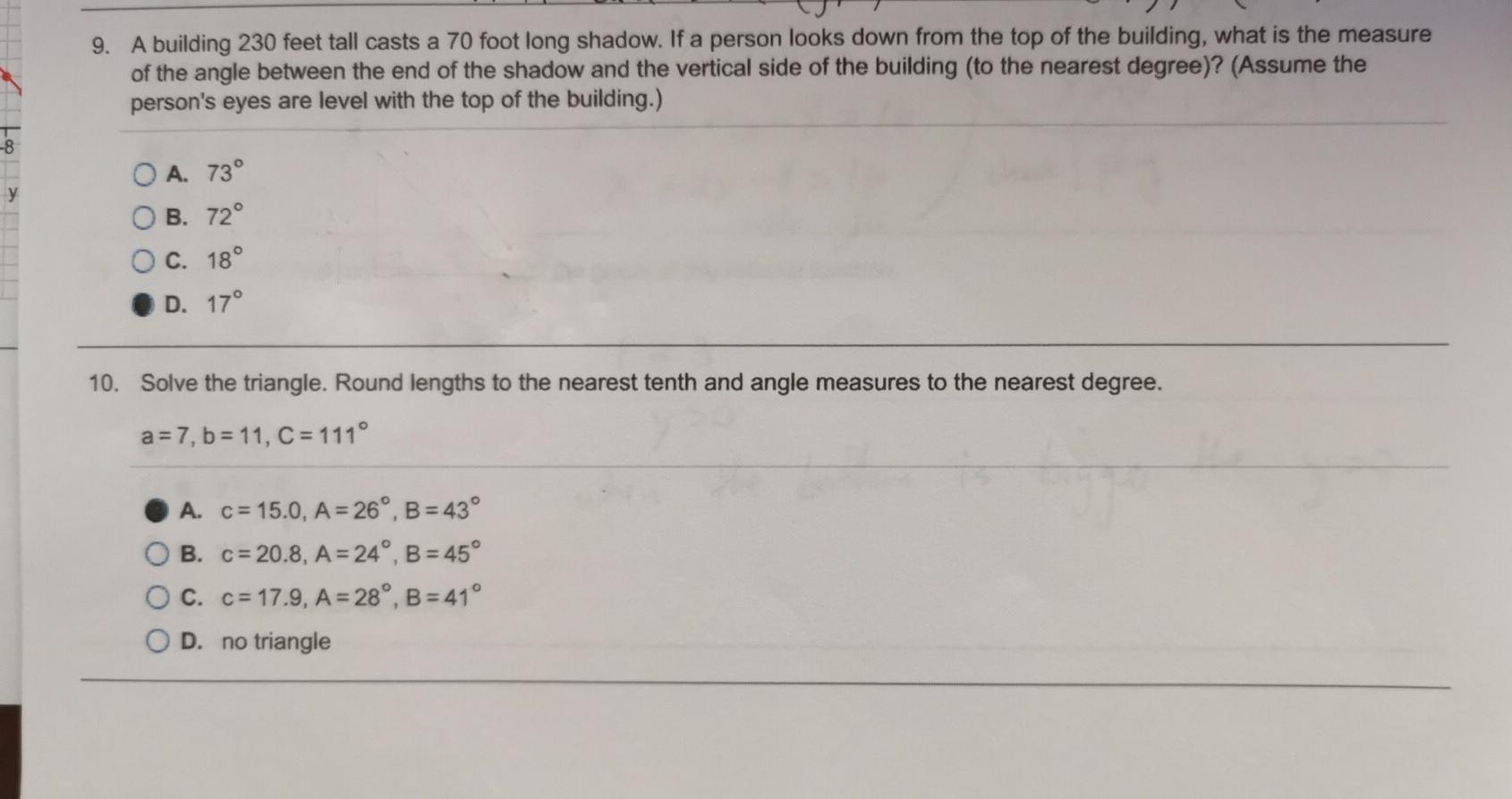 Solved 9. A building 230 feet tall casts a 70 foot long | Chegg.com