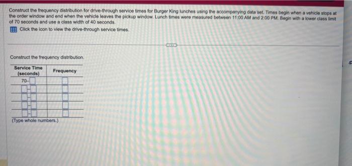 Construct the frequency distribution for dive-through service times for Burger King lunches using the accompanying data set. 
