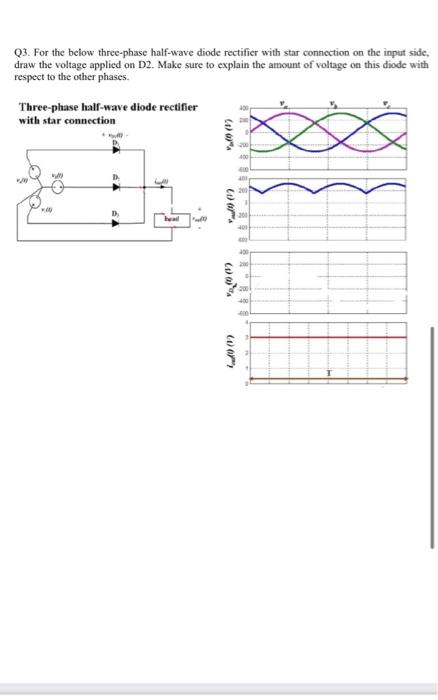 Q3. For the below three-phase half-wave diode rectifier with star connection on the input side, draw the voltage applied on D