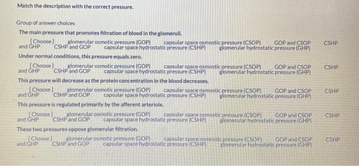 Solved Match the description with the correct pressure. CSHP | Chegg.com