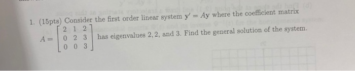 Solved 1. (15pts) Consider the first order linear system y' | Chegg.com